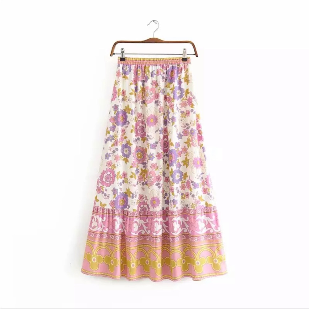 Boho Floral Gypsy Print Maxi Skirt Wild Bloom Pink - Picture 6 of 9